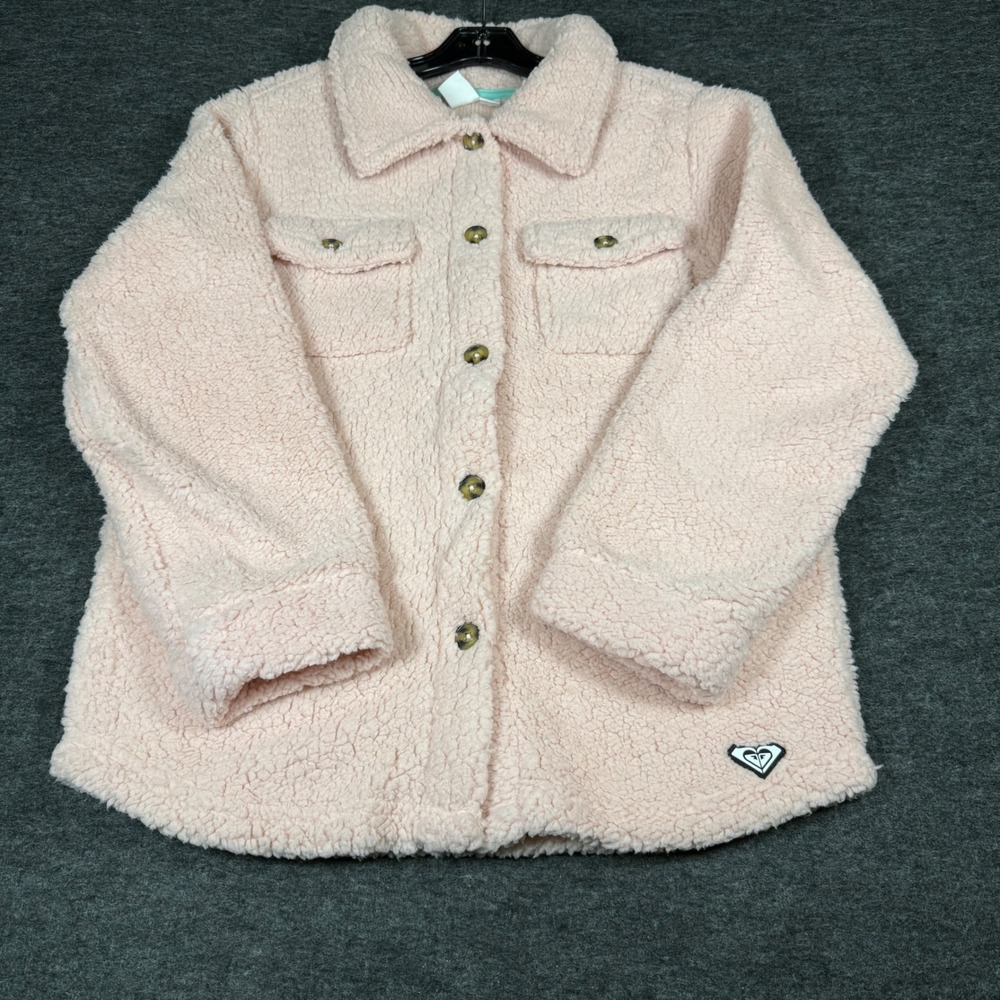 ROXY Girl‎ Teddy Fleece Sherpa Shacket Jacket Pink Button Front Pockets Size L